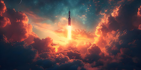 A rocket launching into the sky representing ambition innovation and the pursuit of scientific discovery. Concept Space Exploration, Innovation, Science and Technologyの素材