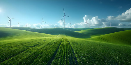 Harnessing Clean Energy: A Wind Turbine in a Green Field under a Clear Blue Sky. Concept Clean Energy, Wind Turbine, Green Field, Blue Sky, Sustainable Developmentの素材