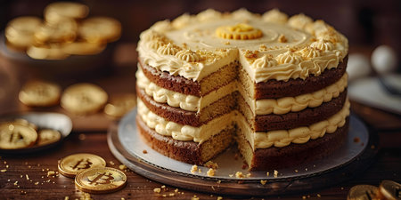 Bitcoin-themed cake featuring edible gold decorations representing halving events and decreased mining rewards. Concept Bitcoin, Cake, Edible Gold, Halving Events, Mining Rewardsの素材