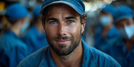 A man in a cleaning service uniform smiles with colleagues in the background showing a professional cleaning team. Concept Cleaning Service, Professional Team, Work Uniform, Team Collaborationの素材