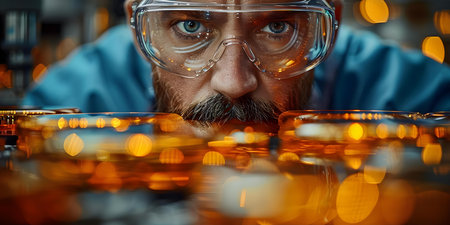 Chip engineer examines silicon wafer under microscope in hightech lab bathed in soft light. Concept Semiconductor Manufacturing, Microscopic Analysis, High-Tech Lab, Silicon Wafer Inspectionの素材