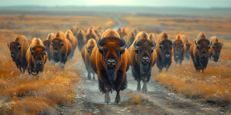 Bison herd walking on dirt road showcasing wildlife conservation migration routes and humanwildlife interactions. Concept Wildlife Conservation, Bison Migration, Human-Wildlife Interactionsの素材