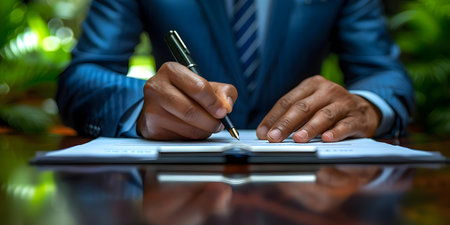 Businessmans hands signing contract at modern office desk focused on paperwork and pen. Concept Business, Signing, Contract, Office, Paperworkの素材