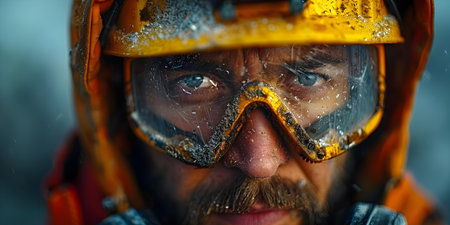 Construction worker in dust mask surrounded by glass wool particles at construction site. Concept Safety at Construction Sites, Health Hazards, Protective Gear, Dust Control Measuresの素材