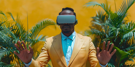 African American businessman using VR headset in a virtual meeting to demonstrate modern business technology. Concept Business Technology, Virtual Reality, Modern Workplace, African Americanの素材