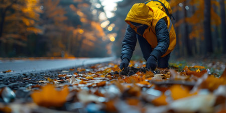 A person in a safety vest picking up litter on the side of the road. Concept Environmental activism, Community service, Roadside cleanup, Safety awareness, Social responsibilityの素材