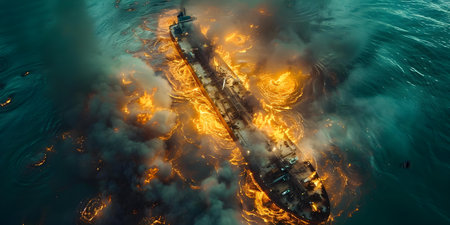 The Environmental Hazard of an Ocean Oil Spill Caused by a Maritime Ship Accident. Concept Ocean Oil Spill, Environmental Hazard, Maritime Ship Accident, Pollution Impact, Ecosystem Damageの素材