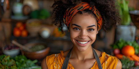 A smiling woman enjoying a healthy meal with fruits vegetables seeds and superfoods. Concept Healthy Eating, Superfoods, Nutrition, Lifestyle, Wellnessの素材
