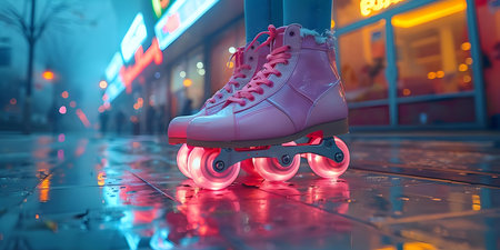 A roller skating rink with neon lights and disco vibes evokes a sense of nostalgia and oldschool charm. Concept Neon Lights, Disco Vibes, Roller Skating Rink, Nostalgia, Oldschool Charmの素材