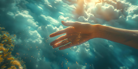 A serene image of a helping hand reaching down from the sky symbolizing faith hope and divine intervention. Concept Inspiration, Hope, Faith, Serenity, Divine Interventionの素材