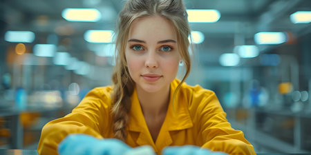 Cleaning staff disinfecting tables in a corporate office with a cloth and spray bottle. Concept Cleaning, Disinfecting, Office, Corporate, Staffの素材