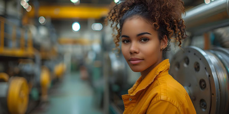African American female engineer inspecting machinery in a factory workshop. Concept Portrait Photography, Industrial Setting, Female Empowerment, Engineering Profession, Workplace Diversityの素材