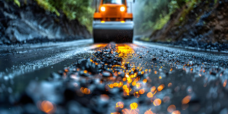 A road roller compacting new road construction heavy machinery at work building infrastructure. Concept Construction, Road Rollers, Heavy Machinery, Infrastructure, Urban Developmentの素材