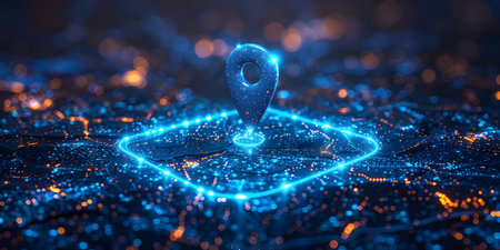 Blue map pin representing city destination in urban network connection on a digital map. Concept Urban Networking, City Destinations, Digital Maps, Location Trackingの素材