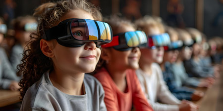 Enhancing Interactive Learning with D Glasses in Virtual Classrooms Powered by G Technology. Concept Interactive Learning, 3D Glasses, Virtual Classrooms, G Technology, Enhanced Educationの素材