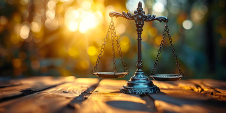 Balanced scales symbolize the importance of maintaining environmental justice and sustainability within legal frameworks. Concept Environmental Justice, Sustainability, Legal Complianceの素材