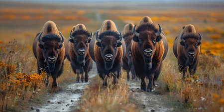 Preserving Bison Migration Routes: A Look at Human-Wildlife Interactions on Dirt Roads. Concept Bison Migration, Human-Wildlife Interactions, Dirt Roads, Conservation, Preserving Ecosystemsの素材