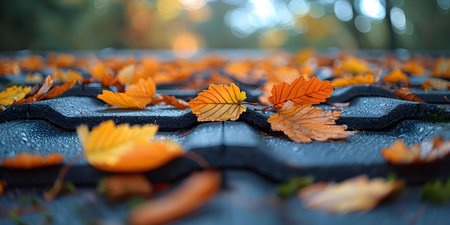 Preventative Roof Maintenance: Clearing Autumn Leaves from Gutters Before Winter. Concept Roof Maintenance, Fall Cleanup, Gutter Clearing, Winter Preparation, Preventative Measuresの素材