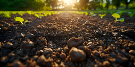 Closeup of soil cultivation method showcases sustainable practices and environmental balance through attention to land resources. Concept Agriculture, Sustainable Farming, Soil Cultivationの素材