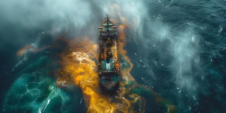 An oil spill in the ocean poses a dangerous pollution problem due to a maritime ship accident. Concept Oil Spill, Ocean Pollution, Maritime Ship Accident, Environmental Impact, Cleanup Effortsの素材