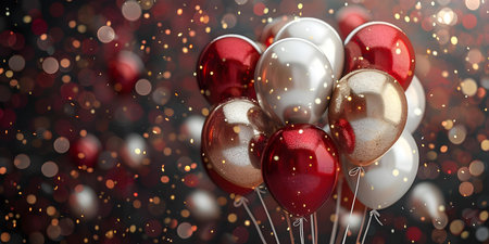 Backdrop of Gold and Red Balloons and Confetti Perfect for a Variety of Celebrations and Events. Concept Birthday Parties, Wedding Anniversaries, Graduation ceremonies, Corporate events, Baby showersの素材