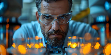 Examining a Silicon Wafer Under a Microscope in a High-Tech Lab with Soft Lighting. Concept Silicon Wafer, Microscope, High-Tech Lab, Soft Lighting, Examinationの素材