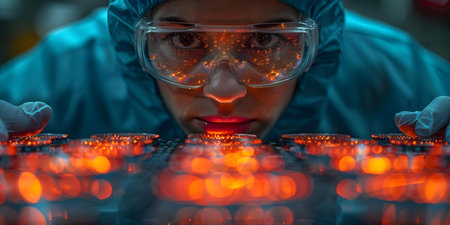 Chip engineer inspects silicon wafer under microscope in hightech lab bathed in soft light. Concept Microchip Inspection, Silicon Wafer, High-Tech Lab, Microscope Analysis, Soft Lightingの素材