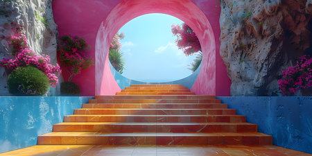 Ascending Stairs to a Heavenly Gate: Symbolizing Success, Happiness, and Achieving Goals with Insightful Determination. Concept Success, Happiness, Achieving Goals, Ascending Stairsの素材