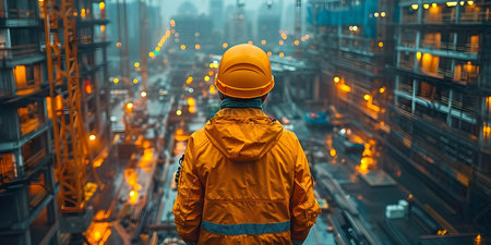 Construction worker in safety helmet inspecting construction site with blurred background. Concept Construction, Safety Helmet, Inspection, Construction Site, Blurred Backgroundの素材
