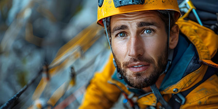 Safety Precautions in Place: Construction Engineer at Work on a Highrise Building. Concept Hard hat required, safety harness, avoid slick surfaces, no loose clothing, stay back from edgesの素材