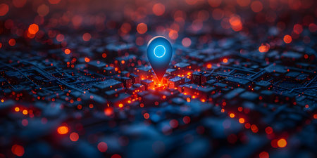 Blue map pin in cityscape network connection symbolizing city destination on a digital map. Concept Cityscape, Map pin, Digital map, Network connection, City destinationの素材