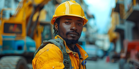 Construction worker operating concrete pump at a construction site. Concept Construction worker, Concrete pump, Construction site, Equipment, Worksite operationsの素材