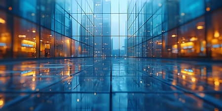 Abstract blurred glass wall of modern office building in business center with blue tinted background. Concept Architecture Photography, Modern Buildings, Abstract Backgrounds, Urban Landscapesの素材