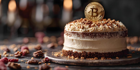 Bitcoin-shaped cake with edible gold accents symbolizing halving events and the reduction in mining rewards. Concept Bitcoin, Cake decoration, Gold accents, Halving events, Mining rewardsの素材