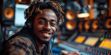 Collaborative and Creative Atmosphere in a High-Tech Music Studio: Diverse Group of Young Adults Recording and Enjoying Music. Concept Music Production, Young Artists, Creative Vibesの素材