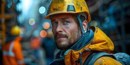 Supervisor in Safety Helmet Inspecting Construction Site with Blurred Background. Concept Construction Site Inspection, Safety Supervisor, Helmet, Blurred Backgroundの素材