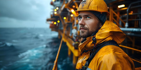 Offshore Oil Rig Worker in Safety Gear: A Risky yet Rewarding Career in Oil Production. Concept Oil industry, Offshore work, Safety gear, Career, Risk and rewardsの素材