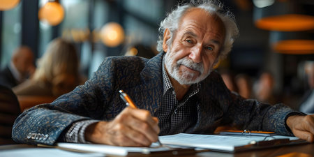 Elderly businessman finalizing contract with diverse legal team at board meeting. Concept Business Negotiation, Contract Signing, Legal Team Meeting, Senior Executive, Diversity in Businessの素材