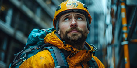 Construction Engineer Working Safely on a Highrise Building Using Safety Harness, Scaffolding, and Suspended Cables. Concept Construction Safety, Highrise Building, Safety Harness, Scaffoldingの素材