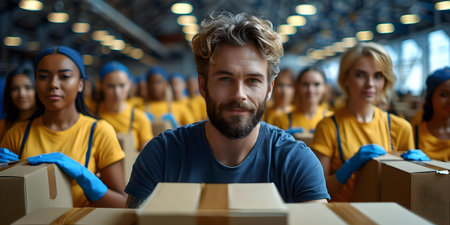 Diverse group of volunteers sorting donation boxes at a volunteer center helping those in need. Concept Volunteer Efforts, Community Support, Donation Sorting, Helping Others, Diverse Groupの素材