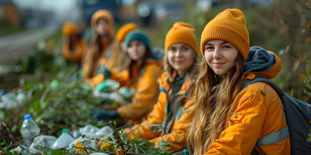 Young volunteers participating in waste separation project by cleaning up garbage outdoors. Concept Environmental Conservation, Youth Engagement, Waste Management, Community Cleanup, Sustainabilityの素材