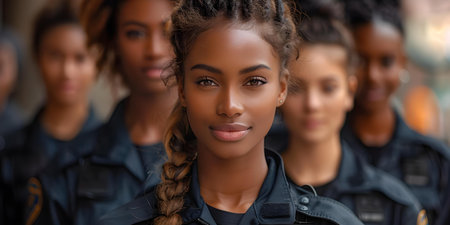 Confident and friendly female police officers in a professional setting display diversity. Concept Police Officers, Confident Women, Diversity, Professional Settingの素材