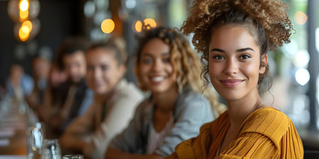 Diverse group of professionals brainstorming at conference table in office discussing new project ideas. Concept Business Meetings, Team Collaboration, Workplace Innovation, Project Planningの素材
