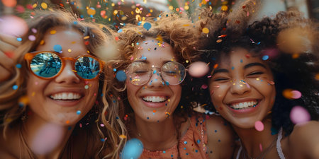 Diverse startup team celebrating success with confetti. Concept Celebration, Diverse Team, Startups, Success, Confettiの素材