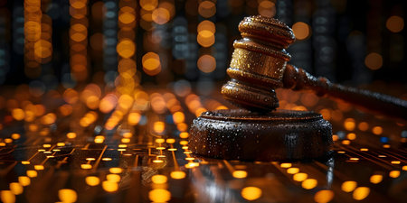 Managing legal risks in AI technology is crucial due to ethical and legal implications in online regulations. Concept AI Technology, Legal Risks, Ethical Implications, Online Regulationsの素材