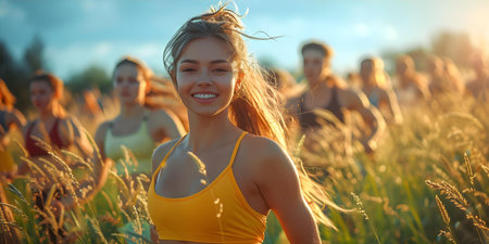 Benefits of Group Workouts in Natural Settings: People Exercising Together Outdoors. Concept Improved mental well-being, enhanced social connections, boosted motivation, diversified workout routinesの素材