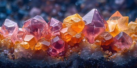 Macro photograph of a single grain of sand showing a variety of colorful mineral crystals under high magnification. Concept Macro Photography, Single Grain of Sand, Colorful Mineral Crystalsの素材