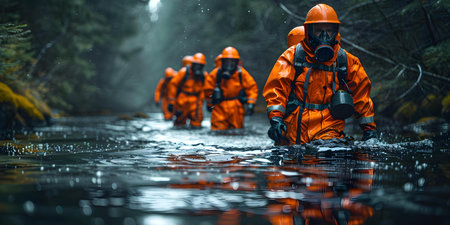Utilizing Advanced Equipment: Oil Spill Cleanup Team Removes Oil from Water. Concept Oil Spill Cleanup, Advanced Equipment, Water Pollution, Environmental Protection, Clean Energyの素材