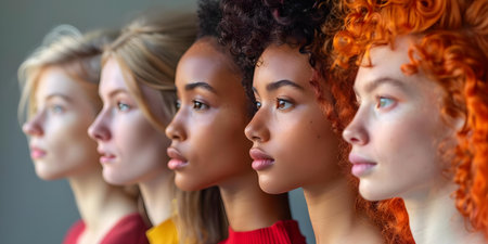 Diverse group of women with different skin tones and hair types standing together for Womens Day. Concept Women's Day Celebration, Diversity in Beauty, Empowered Women, Inclusive Representationの素材