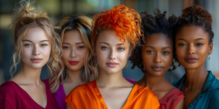 Diverse group of women with different skin tones and races posing together in a skin care ad campaign. Concept Diversity, Women, Skin Care, Advertisement, Campaignの素材